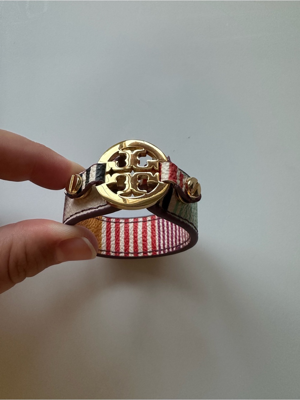 Tory Burch Striped Leather Cuff with Gold Logo